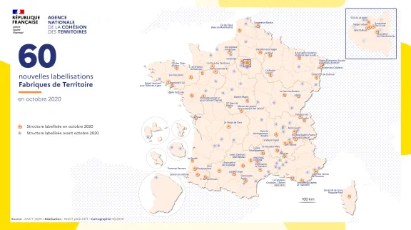 Carte de France positionnant les 60 nouveaux tiers-lieux