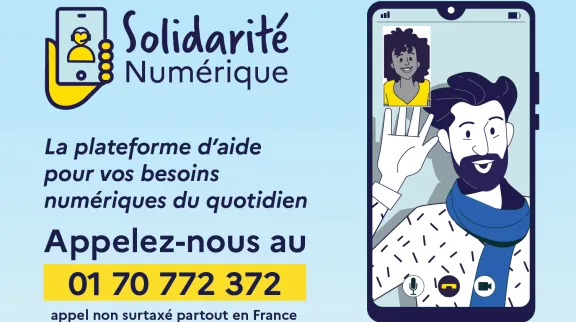 Illustration représenant un médiateur qui renseigne une dame. Les deux personnages sont dans l'écran d'un téléphone. et le n° d'appel est indiqué : 01 70 772 372.
