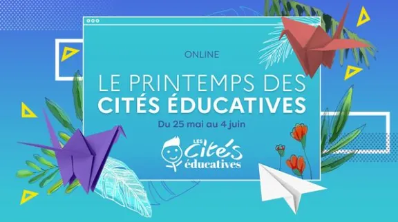 Visuel de l'événement Le Printemps des cités éducatives : sur fond bleu, le logo des Cités éducatives et des petites cocottes en papier. 